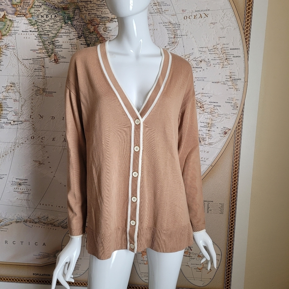 Talbot's girlfriend varsity tan cardigan white trim preppy normcore academia S